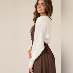 Altard State Pearl Embellished Fuzzy White Long Sleeve Knit Sweater XS
